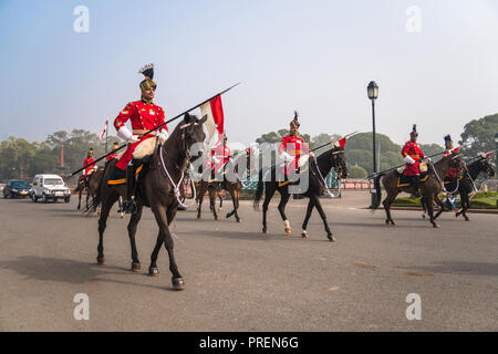 New Delhi, Inde, le 26 janvier 2018 : les gardes du corps présidentiels monté pour répéter la République Day Parade à New Delhi, en Inde. Les Horse Guards sont Banque D'Images