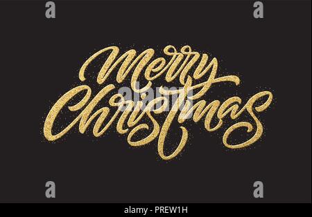 Joyeux Noël gold glitter design lettrage. Carte de vœux de Noël, affiche, bannière. Neige étincelante d'or, des flocons de neige, points blancs sur fond noir. Vector illustration Illustration de Vecteur