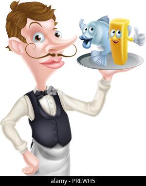 Cartoon Waiter Holding Fish and Chips Illustration de Vecteur