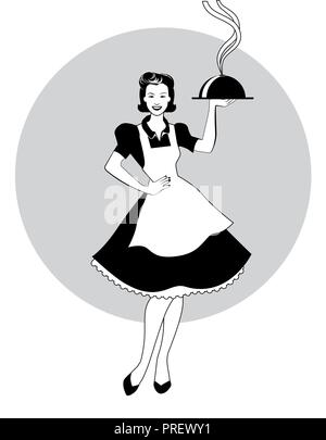 Femme au foyer portant un plateau avec le dîner. Style rétro. Vector Illustration Illustration de Vecteur