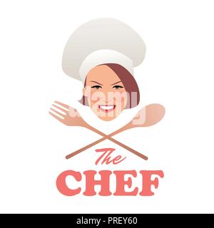 Femme Chef. Belle cuisine avec une cuillère de bois et de la fourchette. Retro style Illustration de Vecteur