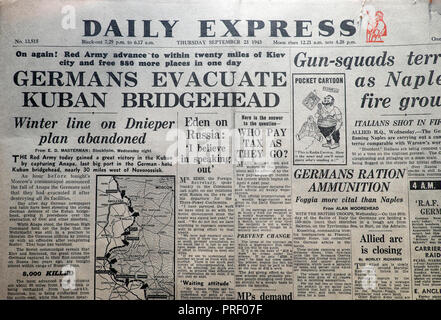 Première page titres dans le journal Daily Express 'Allemands Evacuute Kuban bridgehead' Londres Angleterre Royaume-Uni septembre 23 1943 archives historiques vintage Banque D'Images