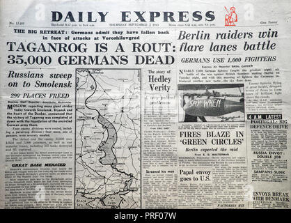 'Taganrog is a rut: 35,000 Allemands Dead' titre de la première page vintage journal britannique 2 septembre 1943 Londres historique de la Seconde Guerre mondiale Banque D'Images