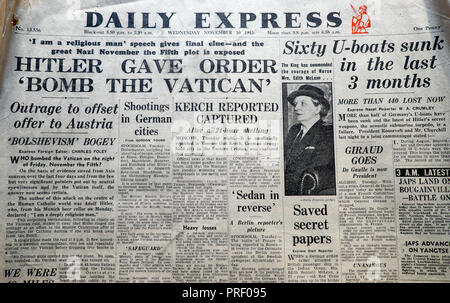 Titres de première page du quotidien Express London UK « Hitler a donné l'ordre « bombe le Vatican » », novembre 10 1943 Archives de la Seconde Guerre mondiale Banque D'Images