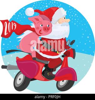 Cheerful Santa Claus et cochon sur un scooter rouge Illustration de Vecteur
