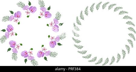 Couronne de fleurs d'hibiscus, des fleurs et des feuilles à la main. Illustration vecteur de couleur. Illustration de Vecteur