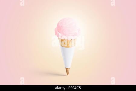 Blank white ice cream cone immersive, isolé sur fond rose, rendu 3d. Fraise Framboise vide ou icecream pack des maquettes. Enveloppement claire avec de délicieuses glaces modèle. La conception de l'étiquette d'emballage sundae. Banque D'Images