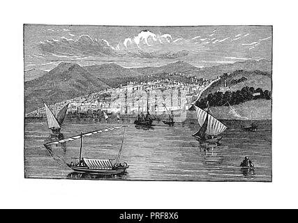 Œuvres d'art originales (gravure) de la ville de Thessalonique (Thessalonique), Macédoine, Grèce du Nord. Vue générale de la ville avec la baie de Thessalonique, panorama de la ville, bateaux et bateaux. Publié dans UNE histoire picturale des grandes nations du monde : dès les premières dates jusqu'à l'heure actuelle. (Charlotte M. Yonge Selmar Hess, New York, 1882). Banque D'Images