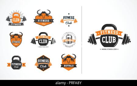 Club de remise en forme, salle de sport ou logo, emblème, collections d'icônes Illustration de Vecteur