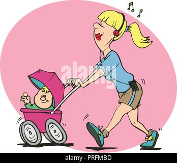 Illustration drôle maman bébé soins au nouveau-né. Maman multitâche supermaman. Illustration de Vecteur