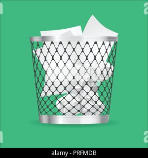 Corbeille en acier avec des déchets de papier icône vecteur réaliste Illustration de Vecteur
