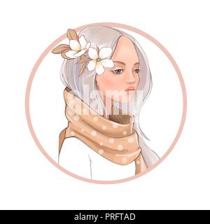 Belle fille de foulard. Illustration numérique, isolated on white Banque D'Images