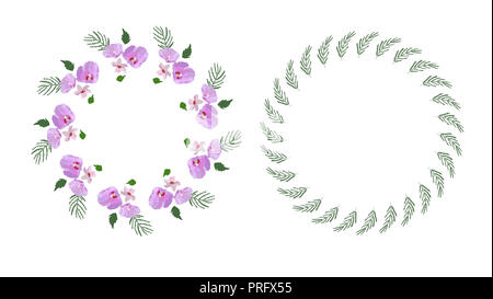 Couronne de fleurs d'hibiscus, des fleurs et des feuilles à la main. Colorful vector illustration Banque D'Images