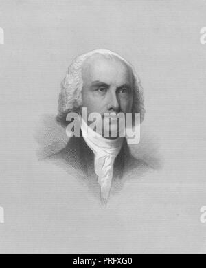 Portrait gravé de James Madison, le quatrième président des États-Unis et membre du Congrès continental, un homme d'État américain et père fondateur de la Virginie, 1843. À partir de la Bibliothèque publique de New York. () Banque D'Images