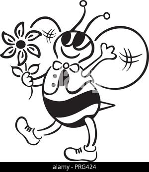 Cute cartoon abeille transportant des fleurs. contours cartoon Illustration de Vecteur