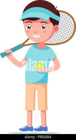 Cartoon boy standing avec une balle de tennis racket Illustration de Vecteur