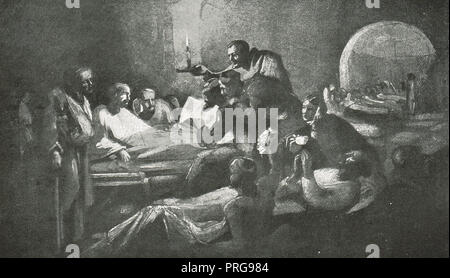 Soldats blessés la lecture d'une lettre de la reine Victoria, à l'hôpital de Scutari, décembre 1854, caserne Selimiye, pendant la guerre de Crimée Banque D'Images