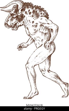 Minotaur mythique. Antique mythologique animal. Homme ancien avec une tête de taureau, créatures fantastiques dans l'ancien style vintage. Vieux croquis dessinés à la main, gravée. Illustration de Vecteur