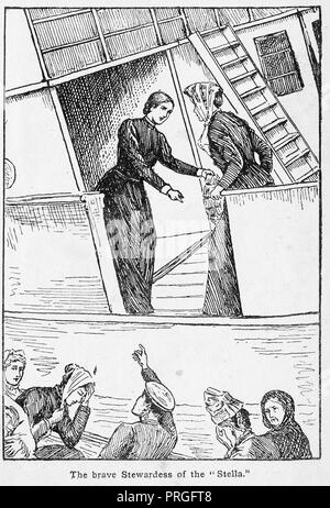 1899 Illustration de l'épave du 'Stella' sur les Casquets Rocks, Channel Islands - veuve, Mme Mary Ann Rogers, hôtesse de l'héroïne et de sauvetage, qui est descendu avec le bateau à vapeur à double vis - Le navire a été nommé le Titanic du Chanel Islands - Liverpool Anglican Cathedral a choisi Marie comme vingt l'un des "noble" pour les femmes représentées dans les vitraux. Elle est représentée dans sa fenêtre aux côtés de Grace Darling et Elizabeth Fry. Banque D'Images