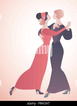 Deux femmes dansant ensemble et portant des vêtements du 19e siècle. Danse Queer Illustration de Vecteur