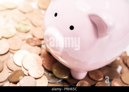 Pink Piggy Bank debout sur la monnaie - Concept d'économie d'argent Banque D'Images