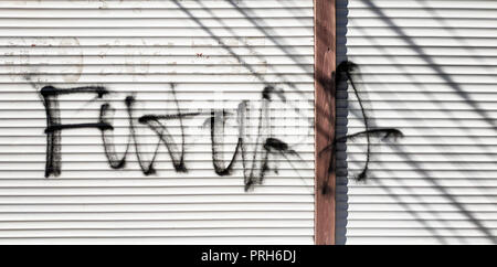 Graffiti sur le mur, la texture peint avec la peinture en aérosol sur un volet roulant Banque D'Images