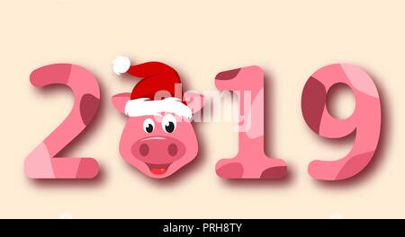 Cochon de Noël Portrait in Santa Hat, Symbole du Nouvel An chinois 2019 Illustration de Vecteur