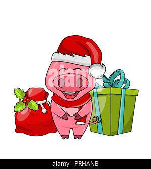 Noël drôle cochon dans Santa s Bonnet et écharpe avec boîte-cadeau et sac Illustration de Vecteur