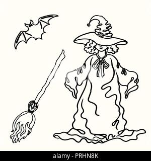 Vector Cartoon Halloween sorcière contour, balai, bat d'ossature isolé sur fond blanc Illustration de Vecteur