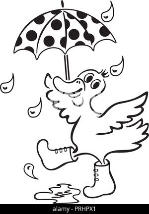 Canard avec un parapluie. Faites à la main. Noir et blanc. Les enfants, les adultes. Illustration vecteur de couleur.livre à colorier. Illustration de Vecteur