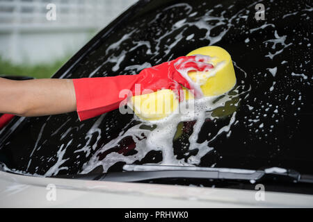Main tenant éponge pour lave-vitre d'une voiture Banque D'Images
