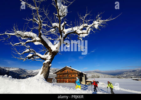 Les randonneurs en raquettes, ancienne ferme, log cabin, Gruberberg, Mayrhofen, Alpes de Kitzbühel, Tyrol, Autriche Banque D'Images