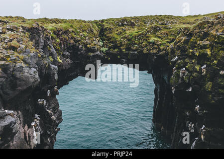 Mossy falaise rocheuse en forme d'arche avec blue ocean sur l'expérience en Islande, Arnarstapi Banque D'Images