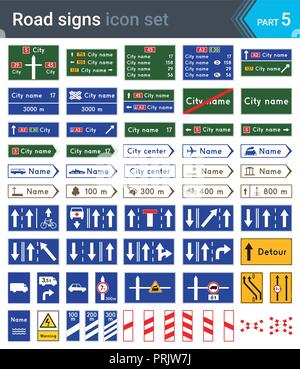 La signalisation routière isolé sur fond blanc. Panneaux de direction, signes complémentaires et le passage à niveau des signes. Le trafic de haute qualité de la signalisation routière. Illustration de Vecteur