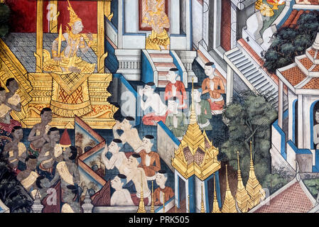 La peinture avec des scènes religieuses sur le mur de temple bouddhiste Wat Pho à Bangkok Banque D'Images