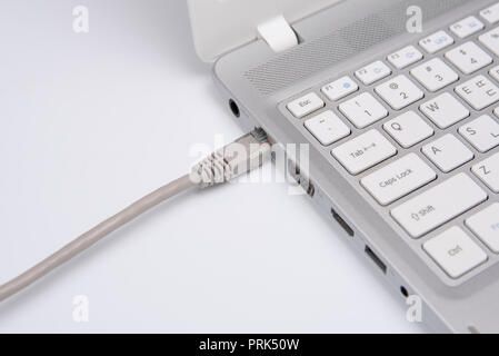 Câble de connexion libre connexion réseau à un port LAN d'un ordinateur portable sur le tableau blanc, concept d'une connexion informatique. Banque D'Images