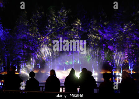 Les gens voient des animations animales projetées sur une fontaine du Loch Dunmore lors du festival du son et de la lumière de la Forêt enchantée à Faskally Wood à Pitlochry. Banque D'Images