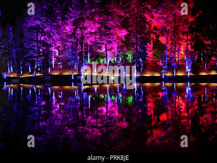 De 1900 sous embargo mercredi 03 octobre les arbres se reflètent dans le Loch Dunmore à La Forêt Enchantée Festival son et lumière en bois à Pitlochry Faskally. Banque D'Images