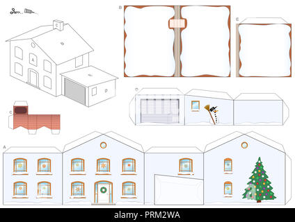 Modèle de papier d'une maison en hiver avec l'arbre de Noël, bonhomme de neige et les toits et une cheminée pour le Père Noël - facile à faire. Banque D'Images