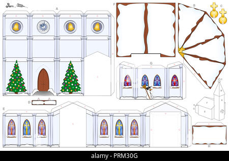 En hiver, l'église en papier feuille. Fiche de coupure pour faire une maquette 3D détaillés avec les toits enneigés de l'église, arbres de noël et bonhomme de neige. Banque D'Images