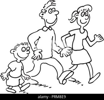 Happy Family cartoon marcher ensemble. décrites caricature handrawn croquis illustration vecteur. Illustration de Vecteur