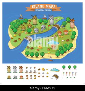 Vector set. Vacances d'été. Îles tropicales. Temps de voyage - carte de l'Ile avec éléments exposés Illustration de Vecteur