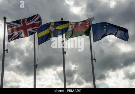 Les drapeaux à Fishguard front : L'UNION EUROPÉENNE, Le Pays de Galles, Grande-Bretagne et Pembrokeshire Banque D'Images