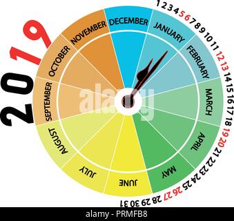 Vector 2019 Calendrier : Janvier. Calendrier original avec la forme d'une horloge qui indique le mois et la saison de l'année par la couleur. Illustration de Vecteur