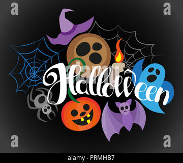 Cartoon cute doodles Halloween inscription à la main. Illustration colorée avec thème d'éléments. Détaillé, avec beaucoup d'objets. Funn Banque D'Images