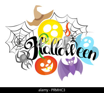 Cartoon cute doodles Halloween inscription à la main. Illustration colorée avec thème d'éléments. Détaillé, avec beaucoup d'objets. Funn Banque D'Images