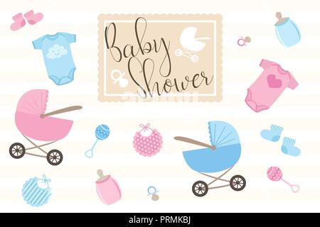 Ensemble d'articles pour les cartes d'anniversaire pour les nouveau-nés. Illustration pour garçons et filles dans des tons bleu et rose sur un fond clair avec l'inscription baby Illustration de Vecteur