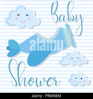 Image vectorielle d'une carte d'invitation pour une fête pour les enfants. L'illustration pour la douche de bébé garçon sur fond rayé bleu avec l'avion, les nuages et l'inscr Illustration de Vecteur