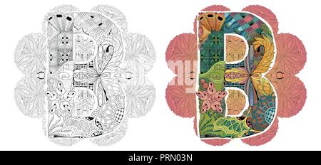 La conception de l'art peint à la main. Mandala avec la lettre B pour la décoration. Jeu de couleur et contours Illustration de Vecteur