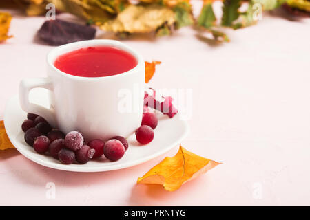 Composition d'automne rouge canneberge saine avec boisson chaude et sécher les feuilles de décoration sur fond rose, selective focus Banque D'Images